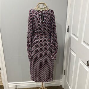 Boden Pink and Blue Sheath Dress with Bishop Sleeves Crew Neck